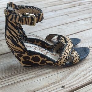 Sam Edelman Animal Print Leather Calf Hair Wedge Sandals 7